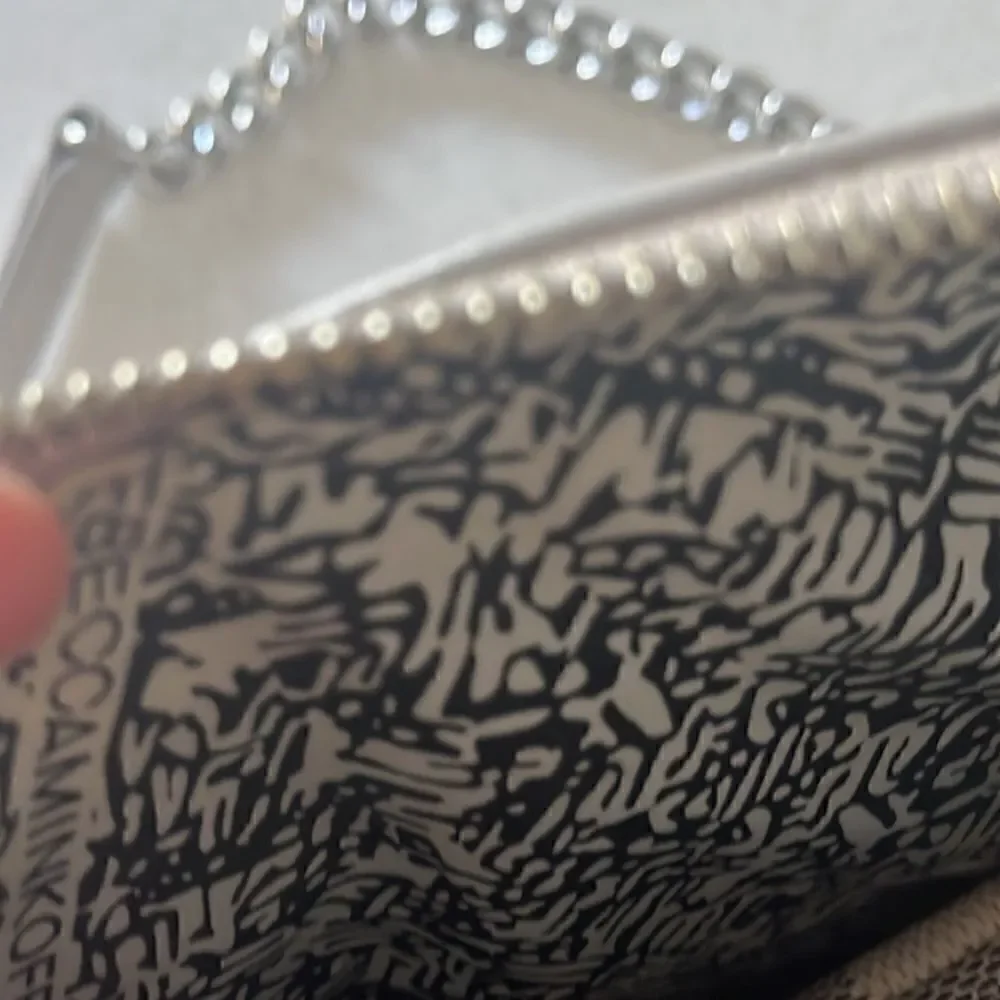 Rebecca Minkoff light gray moto leather bag with silver chain straps, crossbody